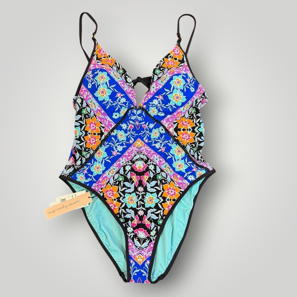 Nanette Lepore Women Blue Floral Tile Print Tassel One Piece Swimsuit Large NEW